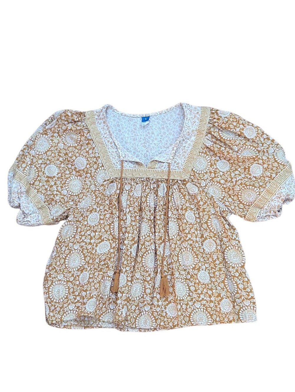 Old Navy Mustard Yellow Boho Peasant Puff Sleeve Blouse Size M Tassels Cotton... - Picture 2 of 11